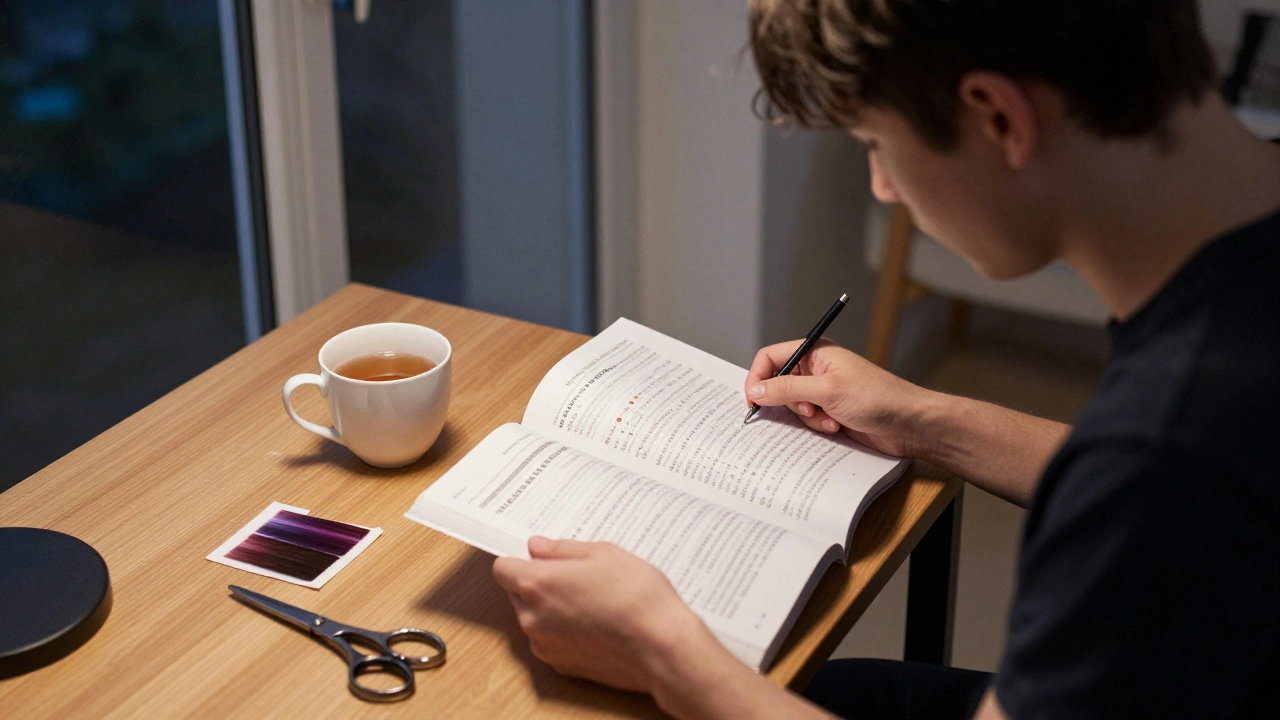 Student studying hairdressing theory and practicing at home in the evening