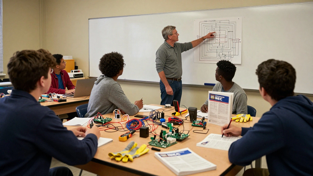 Students studying electrical codes and wiring tools in a Tennessee trade school classroom.