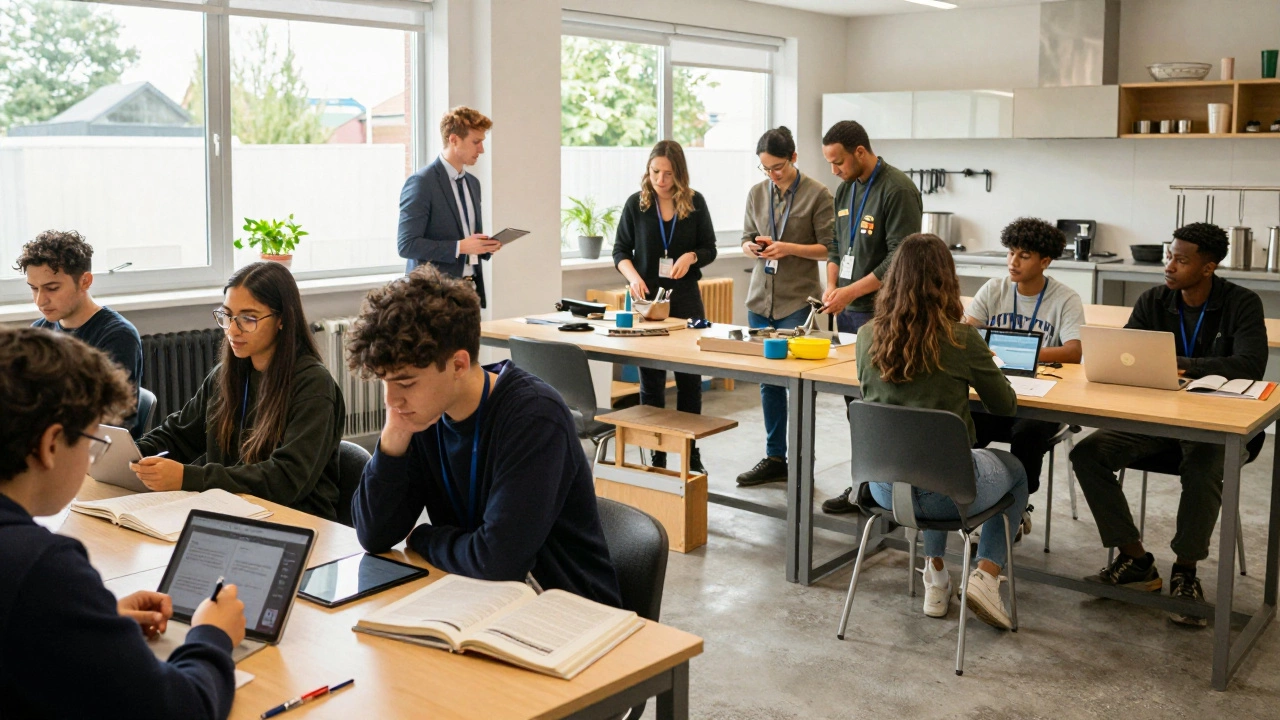 Students studying theory and workers practicing skills in a shared training space