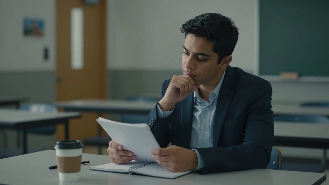 TA reflecting quietly at a desk after school hours in dim light