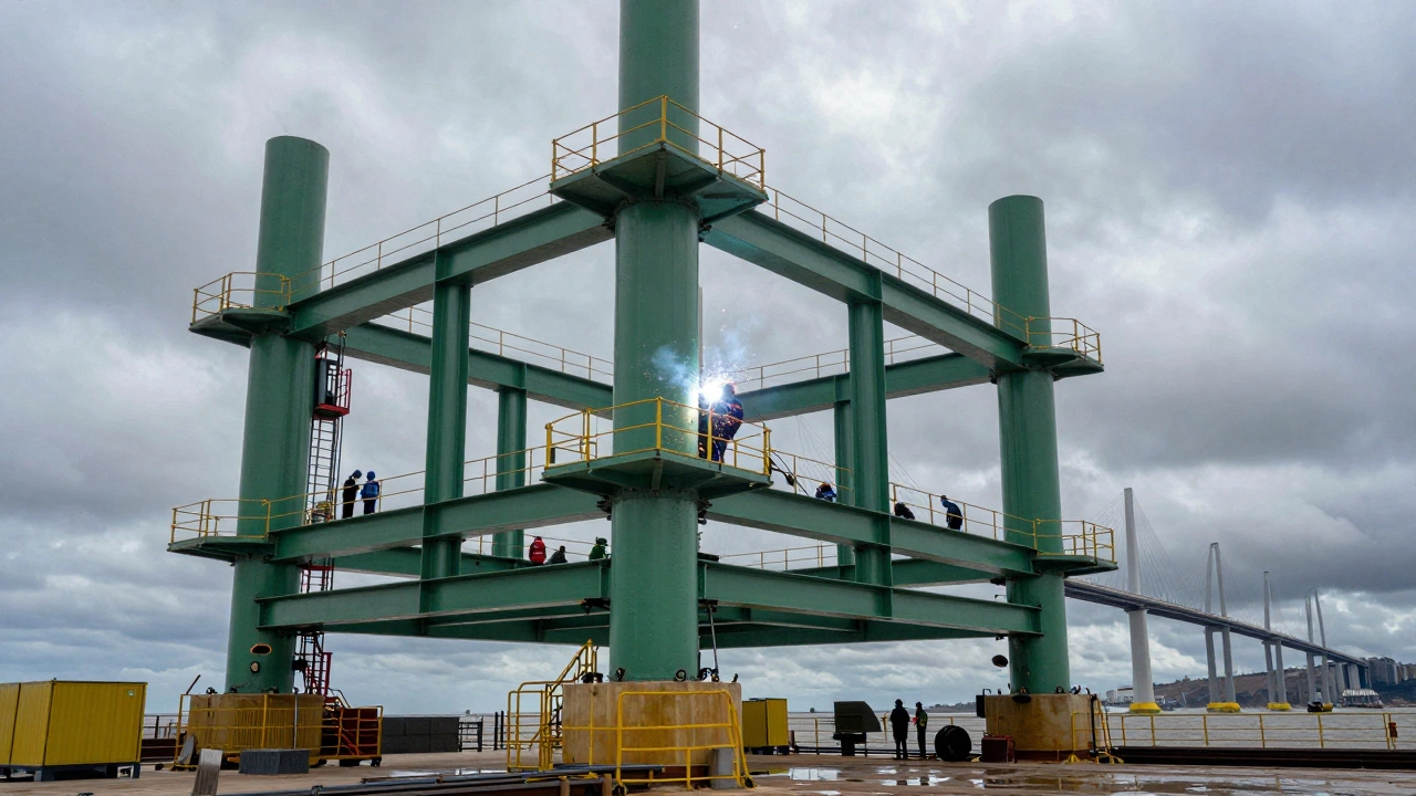 Welders working on massive steel structures for green energy projects