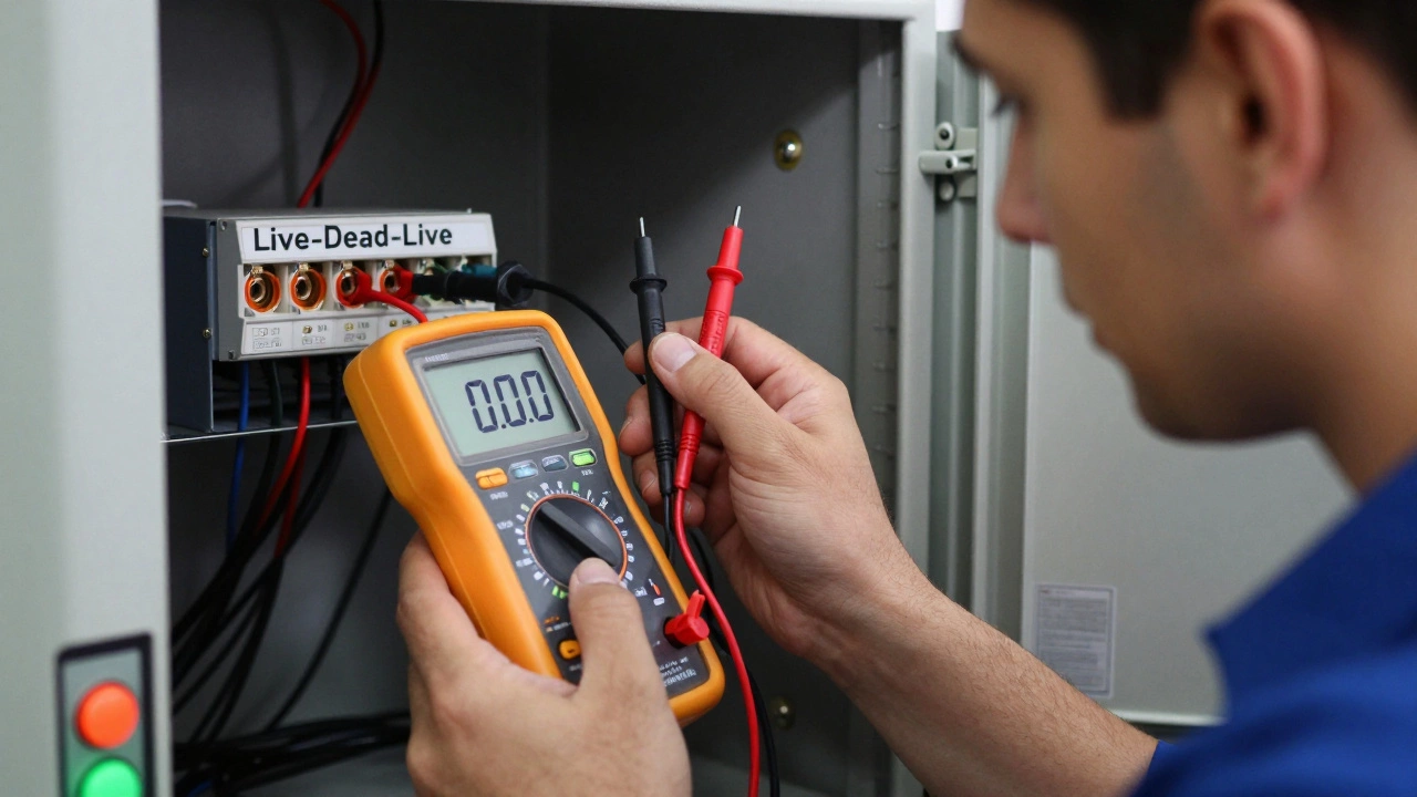 Worker verifying zero energy with a multimeter showing zero volts