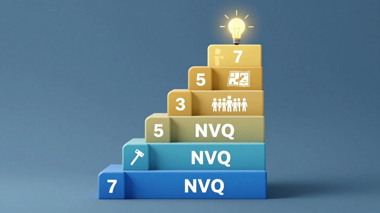 Abstract visual representation of NVQ levels from basic tasks to strategic leadership