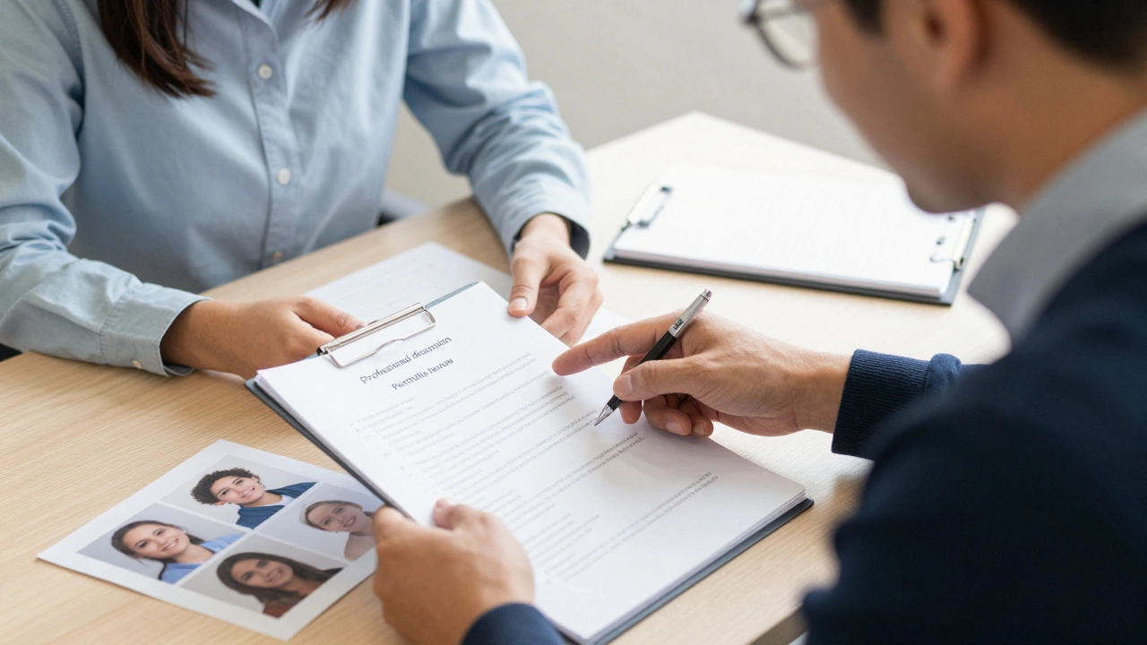 Assessor and employee reviewing a work portfolio during an NVQ assessment meeting