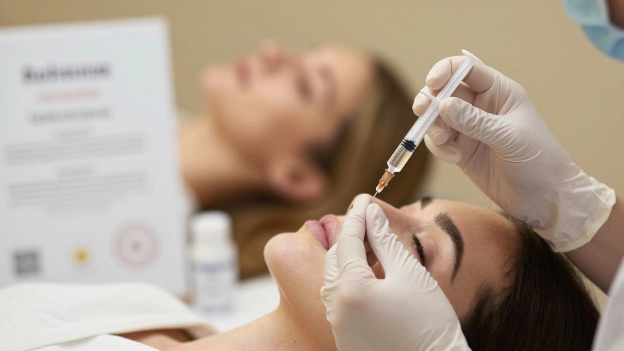 Close-up of an aesthetician preparing a dermal filler injection with premium products nearby.