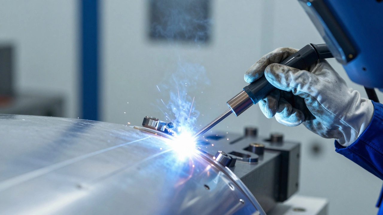 Close-up of precise TIG welding on aluminum aircraft part in workshop