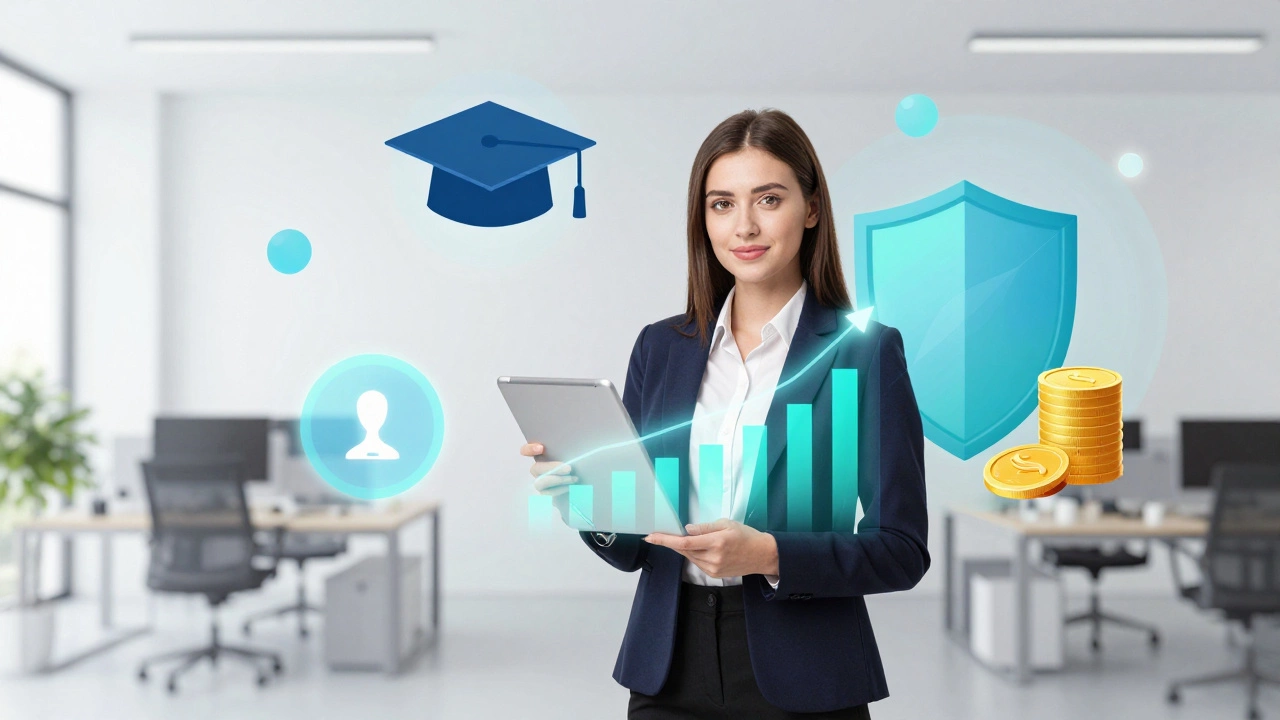 Conceptual art showing a beauty entrepreneur surrounded by symbols of training and profit.