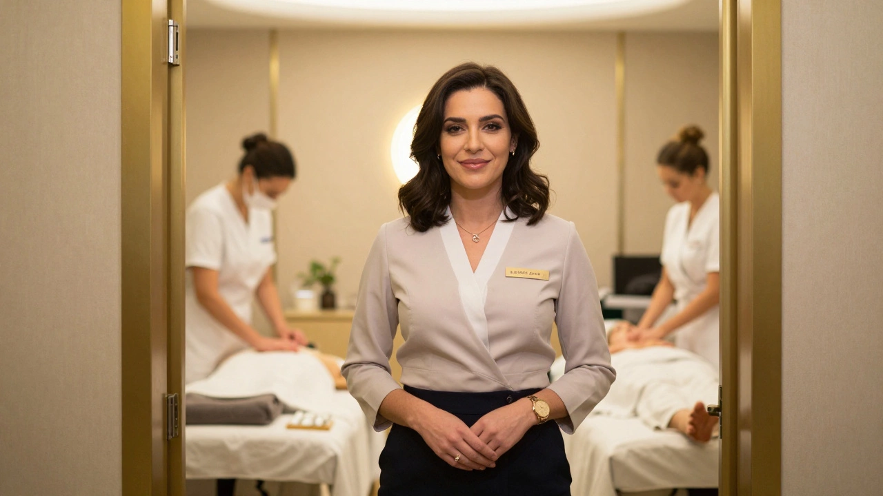 Confident salon manager standing in a high-end spa reception area
