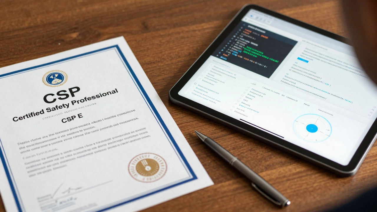 CSP certificate and data analytics dashboard on a consultant's desk