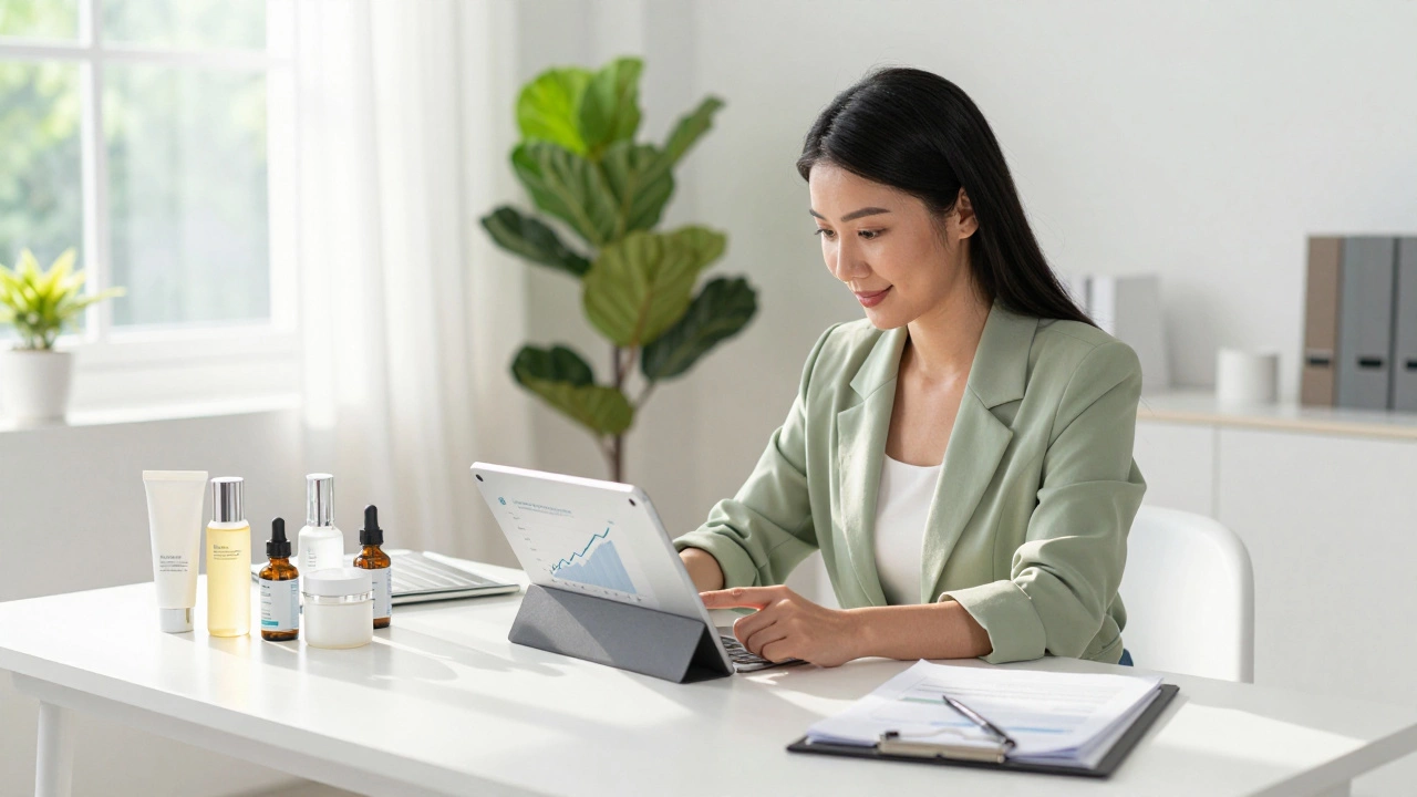 Entrepreneur reviewing business stats next to skincare products