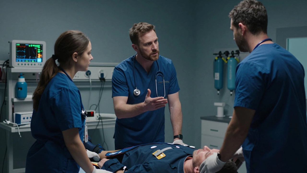 Healthcare team leader coordinating roles during a high-pressure emergency simulation.