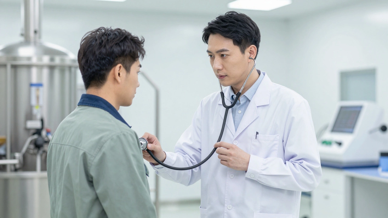 Occupational health physician examining a worker in a clinical industrial setting