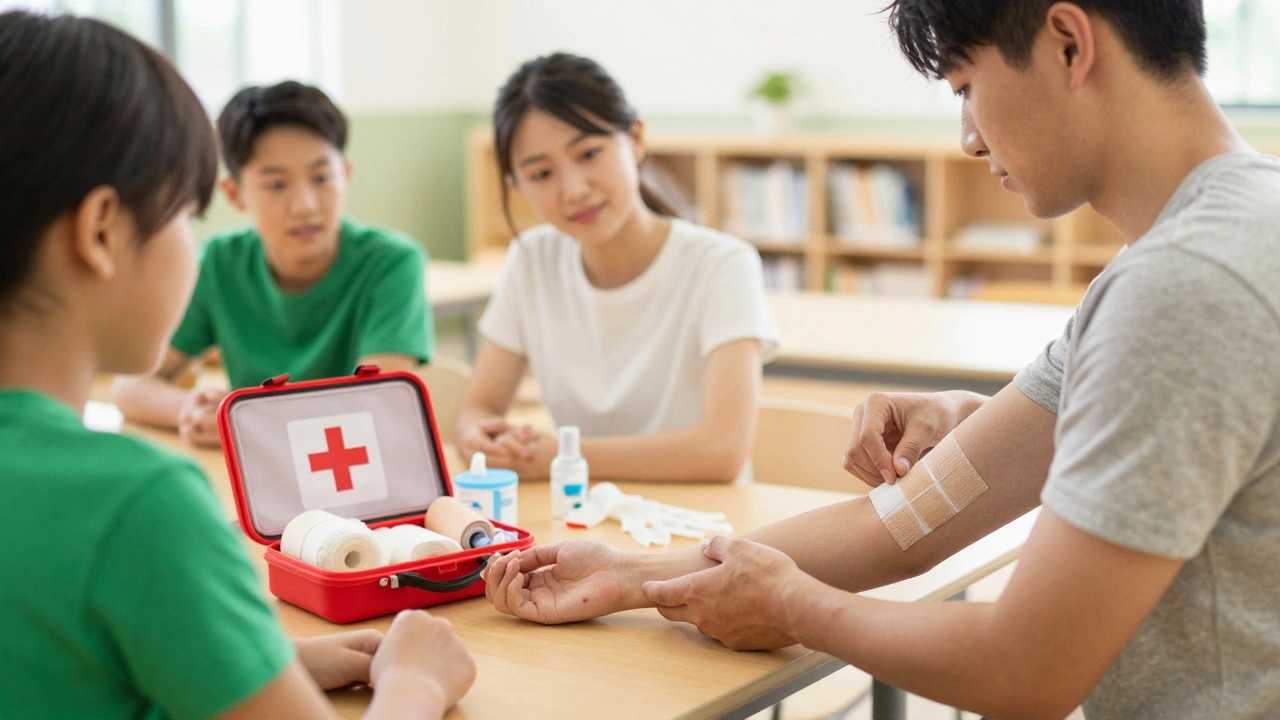 Person applying a bandage to an arm injury in a community first aid setting.