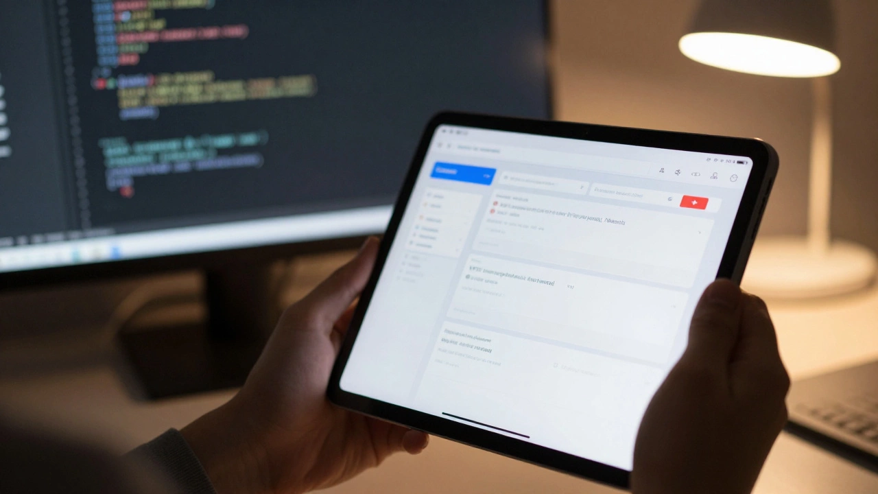 Person studying with flashcards on tablet and coding resources in background