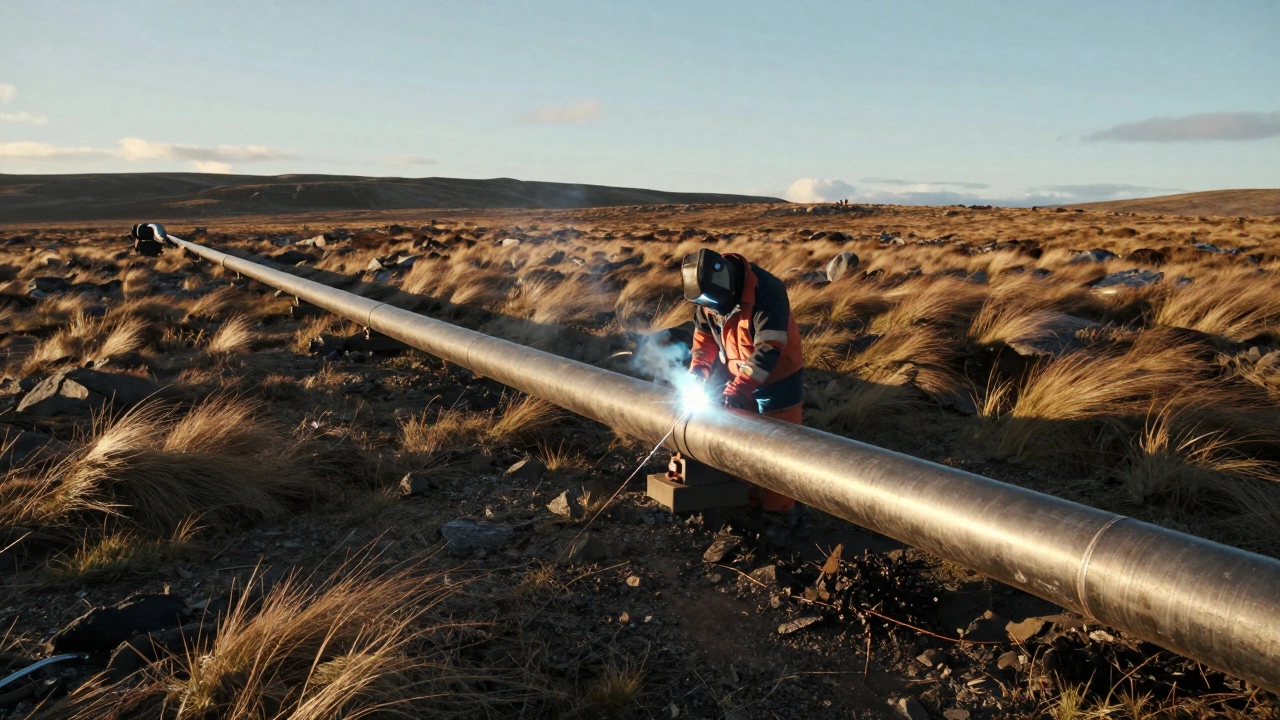 Pipeline welder working on steel pipes in remote rugged outdoor landscape