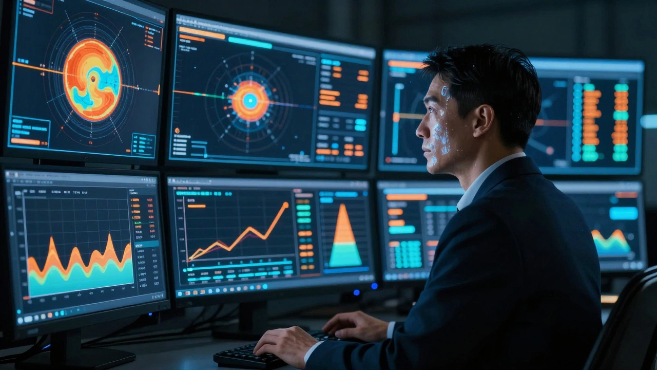 Risk assessor analyzing complex safety data on screens in a high-tech control room
