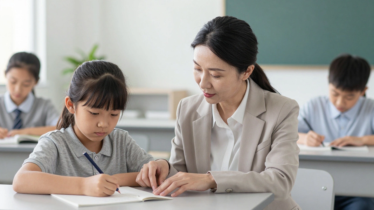 Senior teaching assistant supporting a student with writing at a desk.