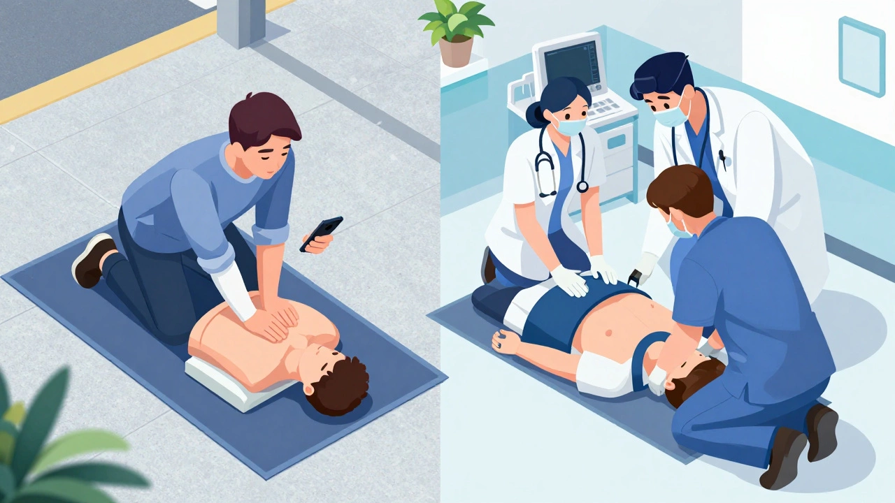Side-by-side comparison of solo layperson CPR versus professional team BLS response.