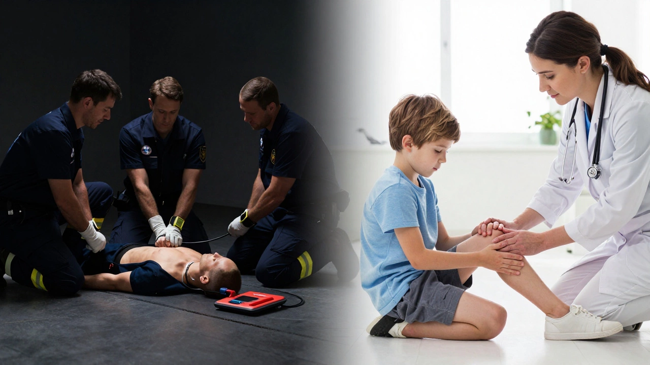 Split image contrasting emergency CPR team action with routine minor injury care.
