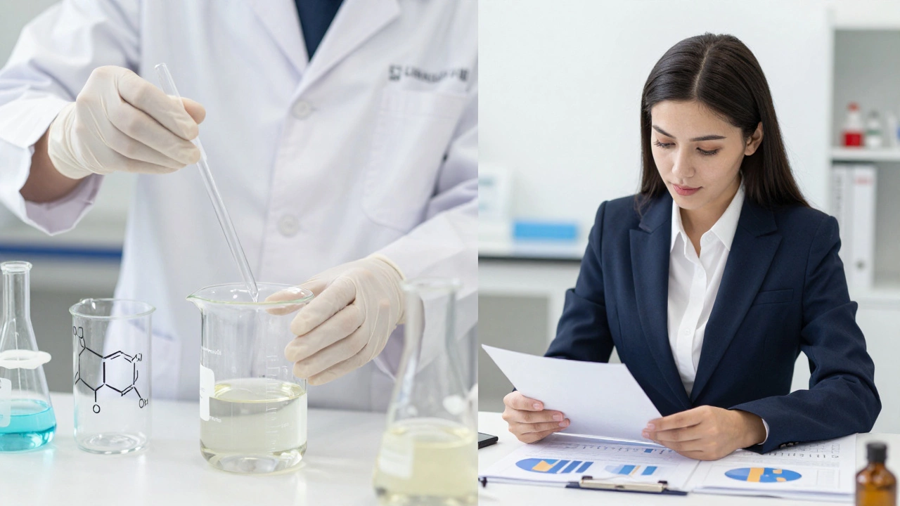 Split view showing skincare science experiments and business management planning