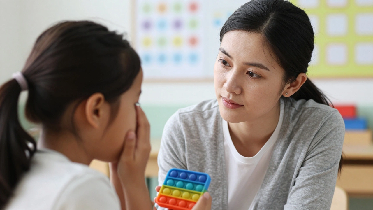 Supportive TA comforting an anxious student with special needs