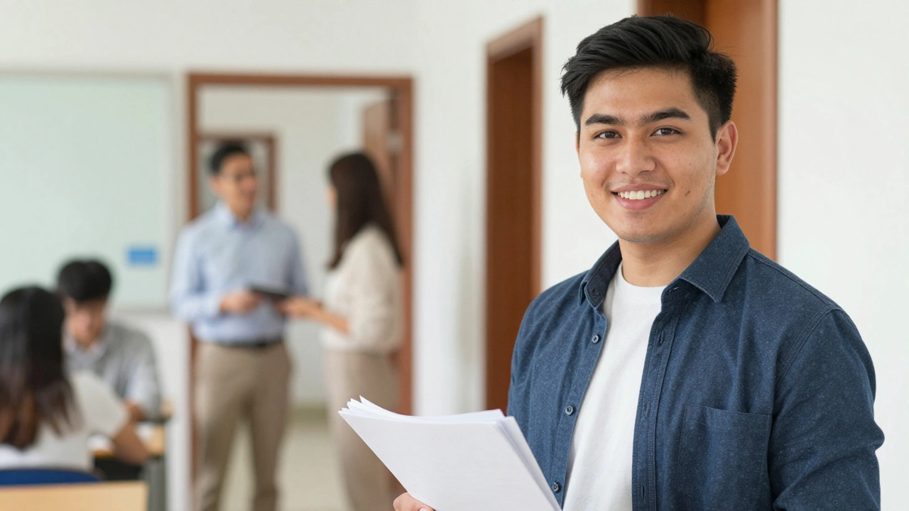 A confident teaching assistant holding papers in a school hallway