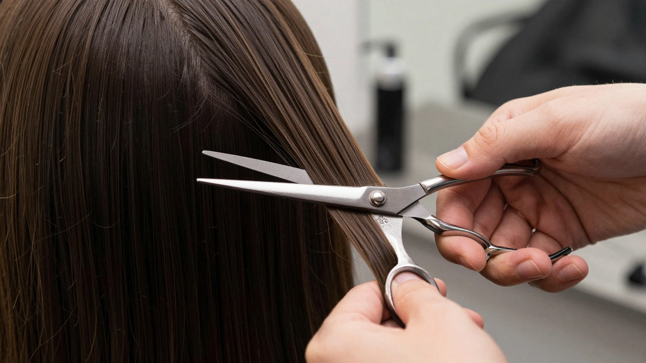 Close-up of hands using scissors for a precise blunt haircut