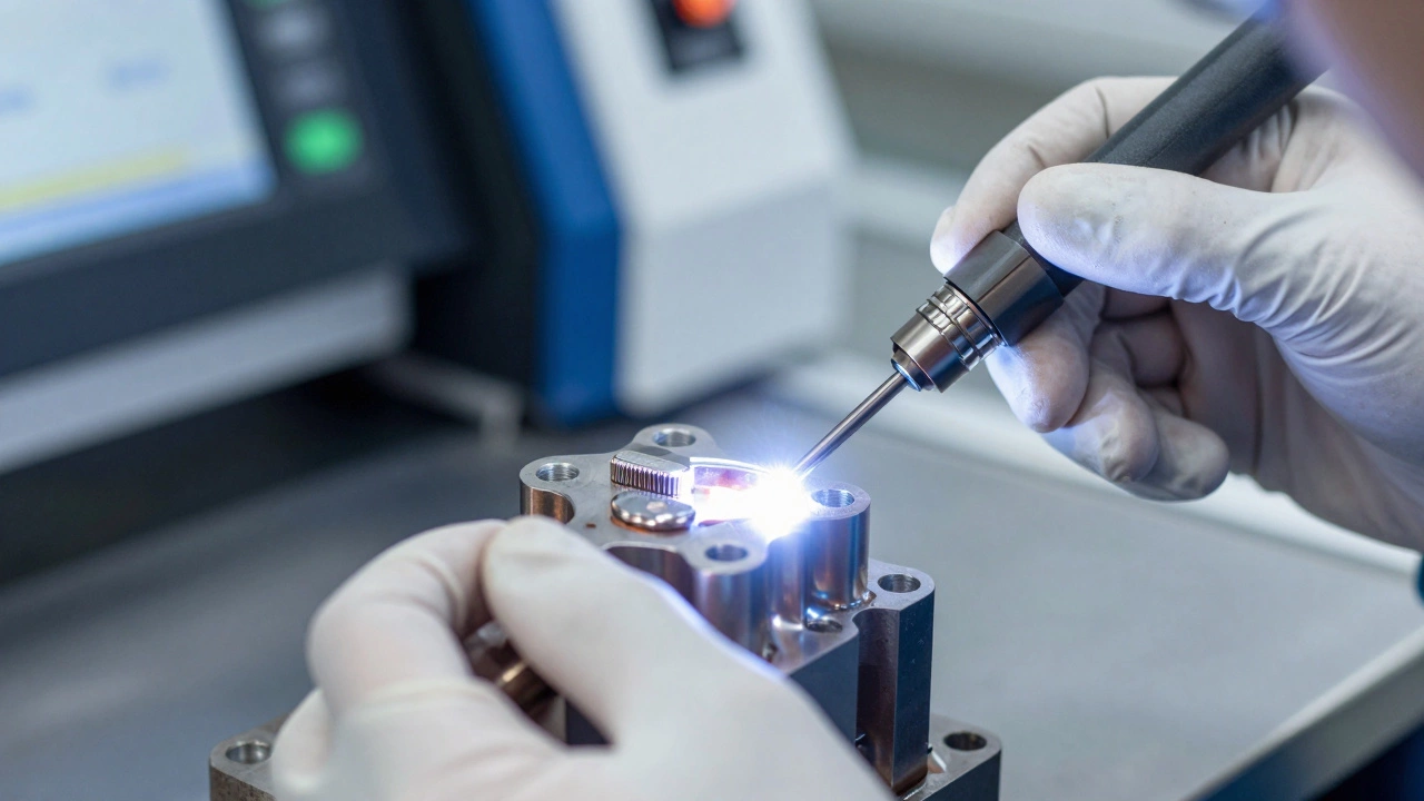 Close-up of precise TIG welding on titanium aerospace part