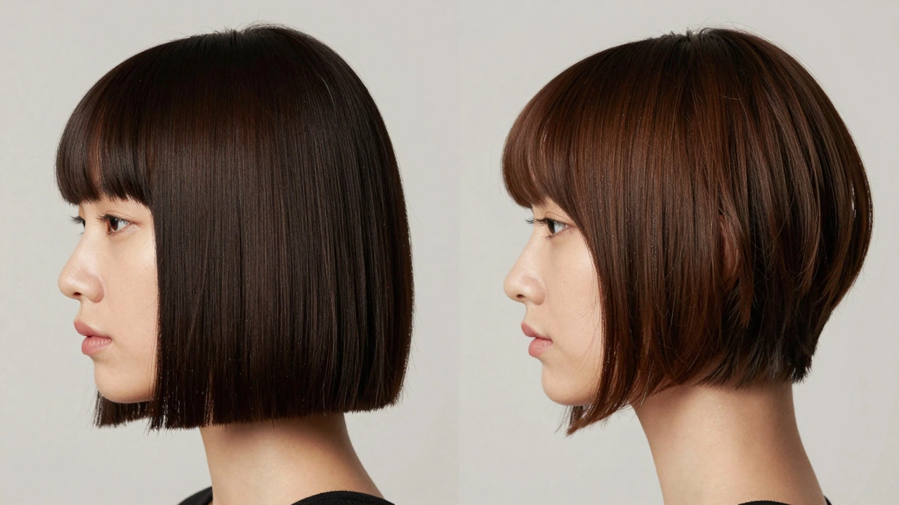 Comparison of blunt cut vs stacked bob silhouettes