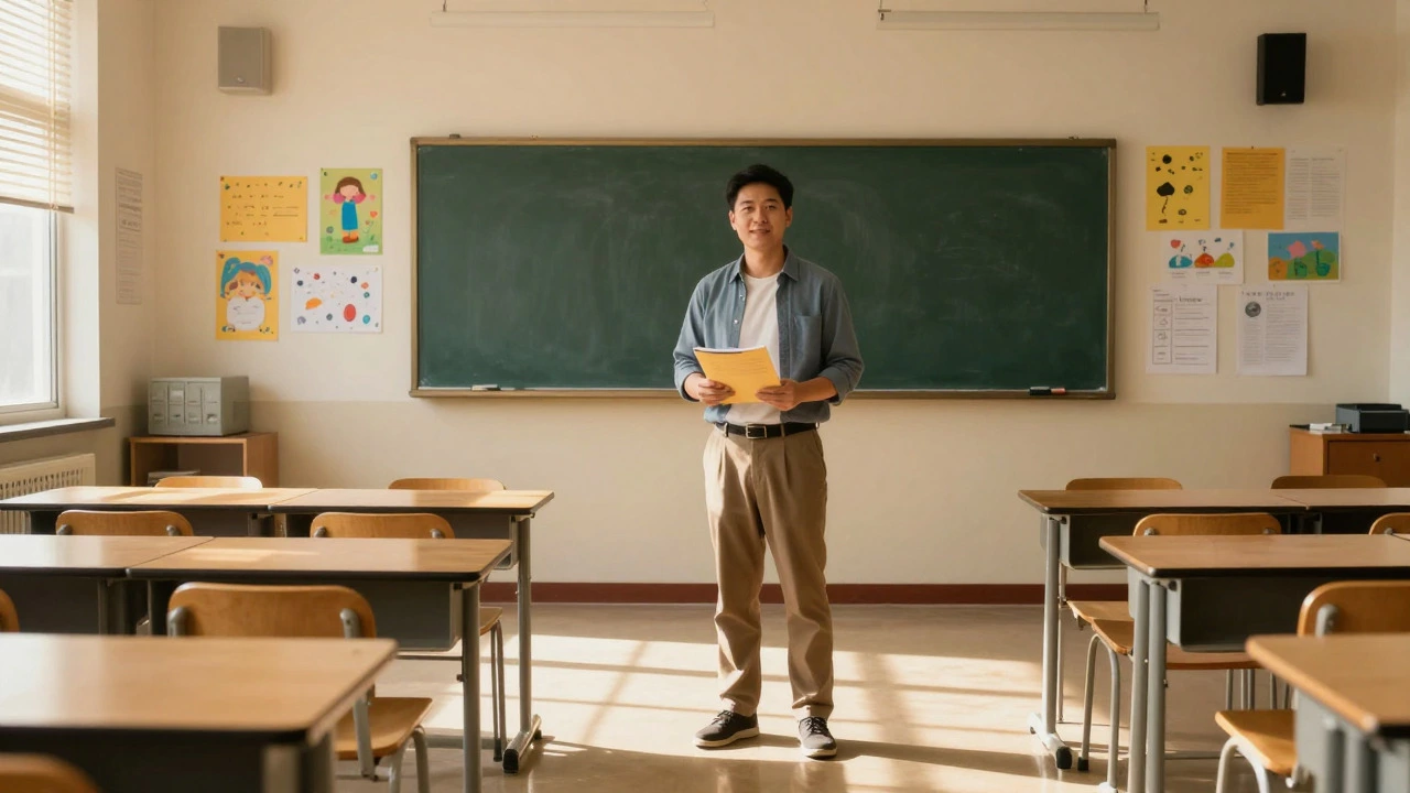 Confident teacher standing alone in sunlit classroom