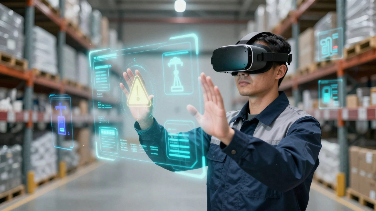 Employee using VR headset for futuristic workplace safety training