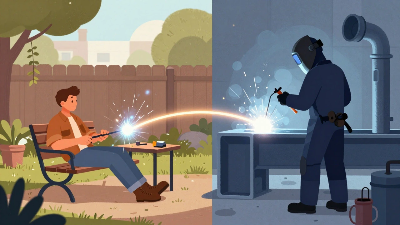 Illustration contrasting DIY hobby welding with professional structural work.