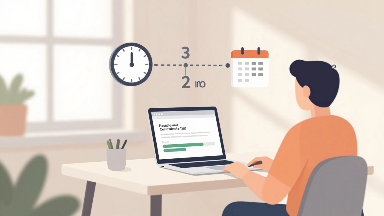 Person studying online at home with floating timeline icons
