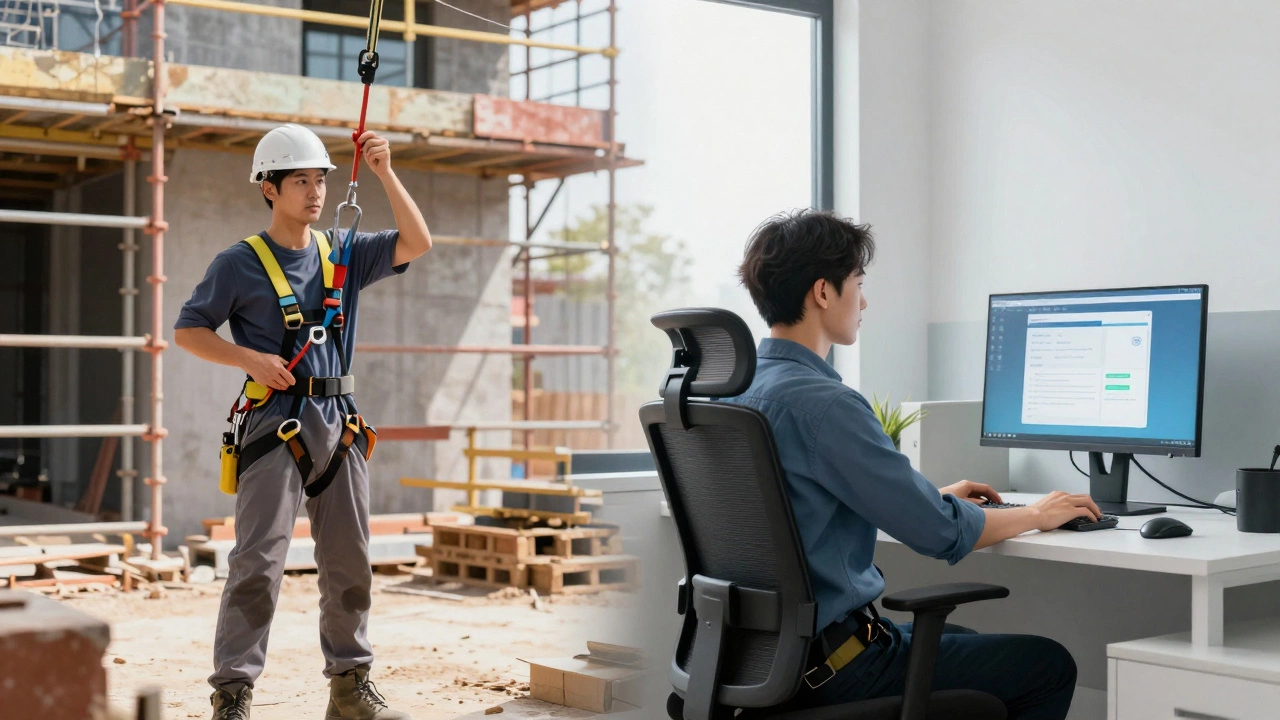 Split view of construction and office workers practicing safety measures