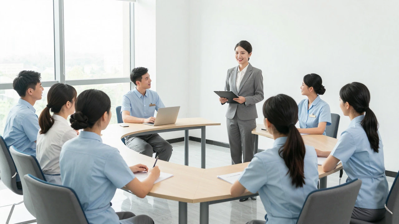 Staff participating in role-play training session at a hotel