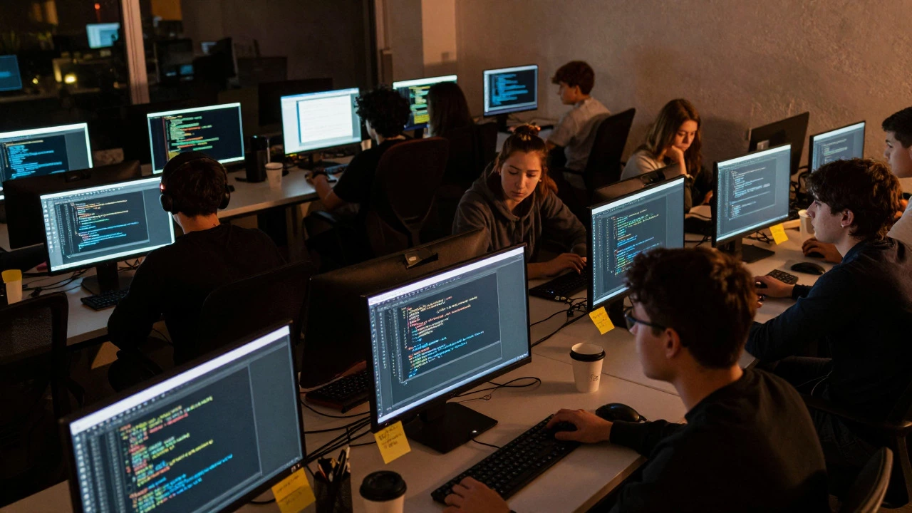 Students coding intensely in a bootcamp classroom at night
