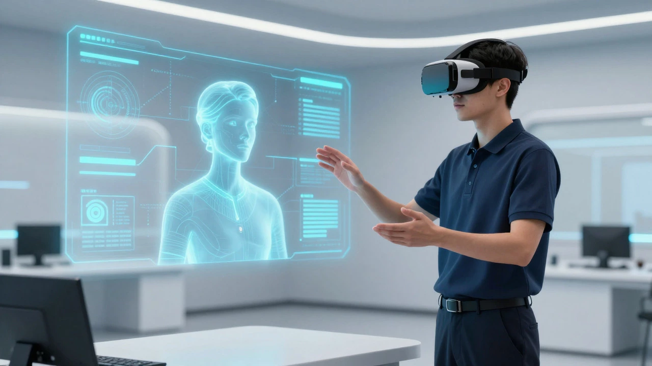 Trainee using VR headset for futuristic hospitality simulation