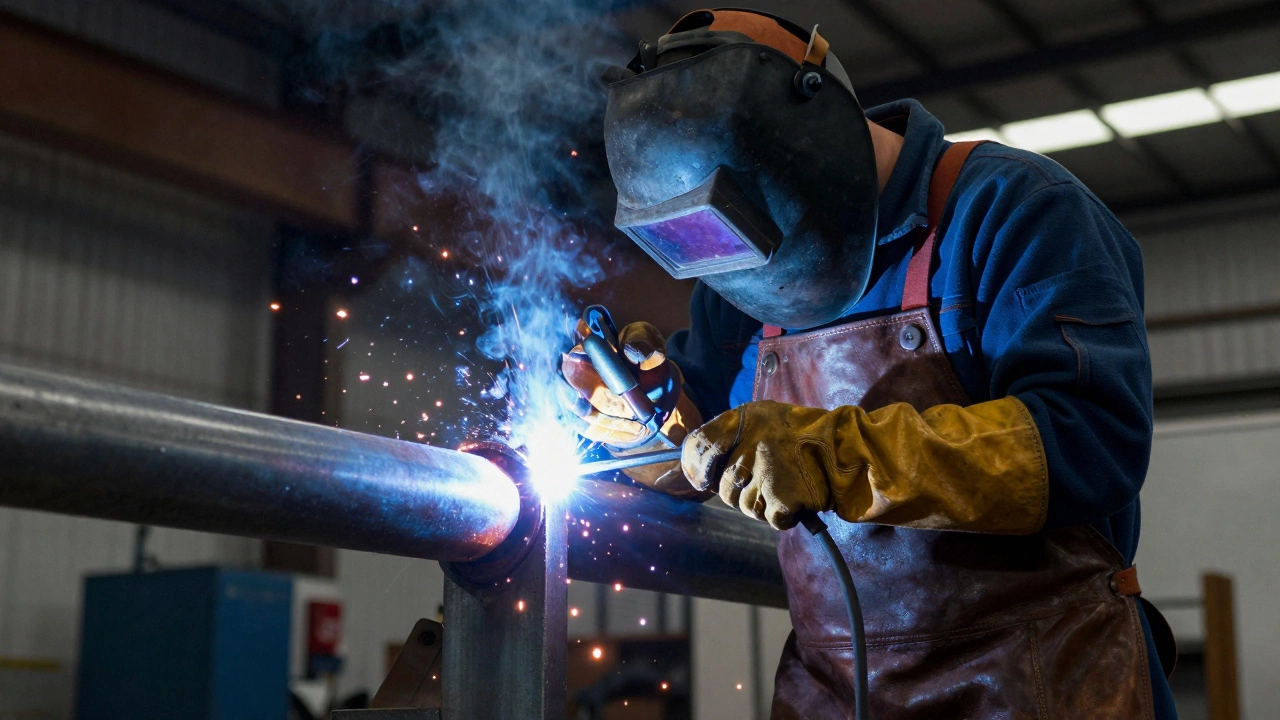 Welder performing difficult overhead pipe weld in workshop