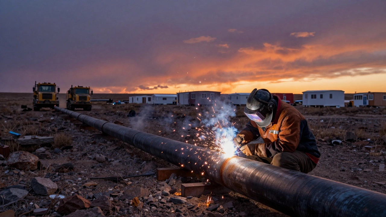 Welder working on pipeline in remote wilderness at sunset