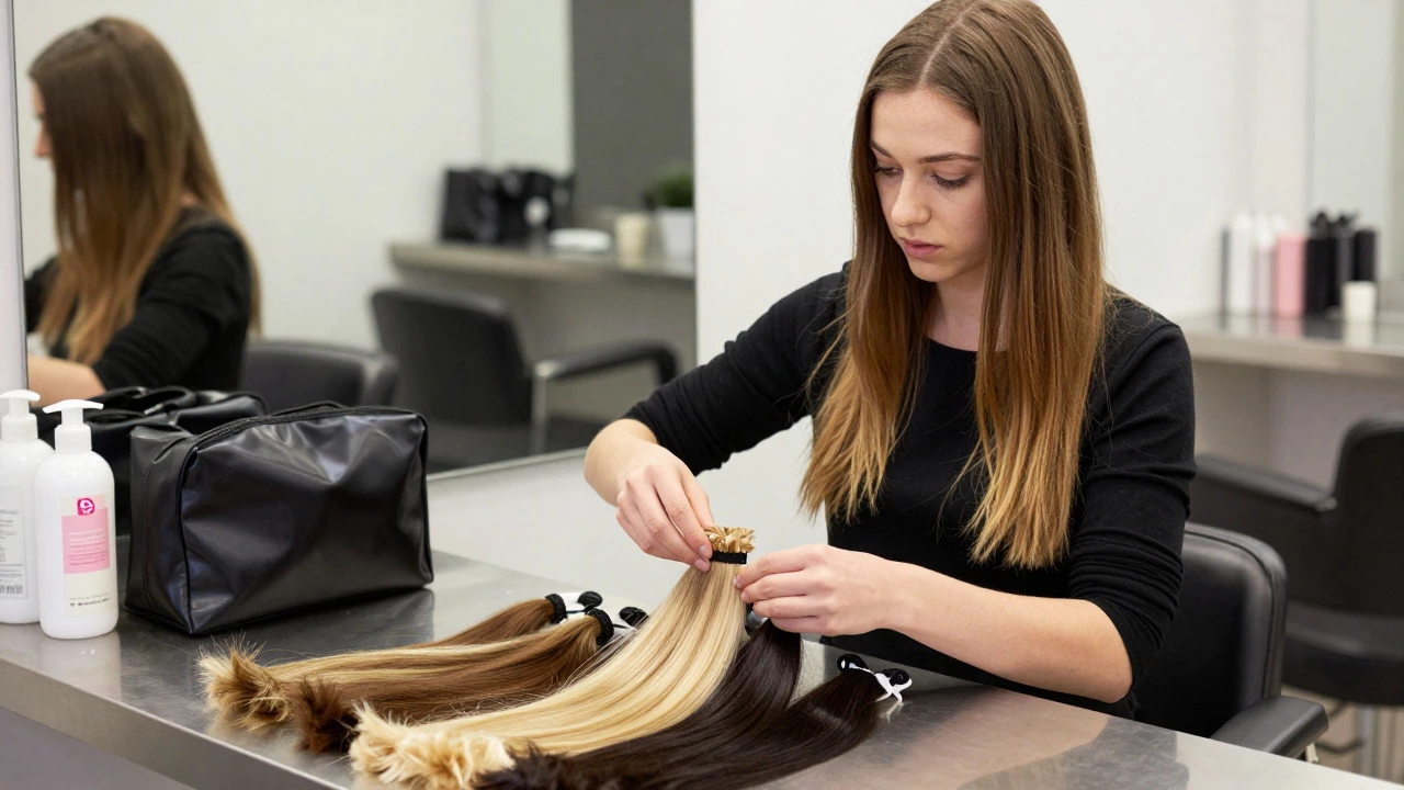 Apprentice sorting through various hair extension bundles in a salon workspace