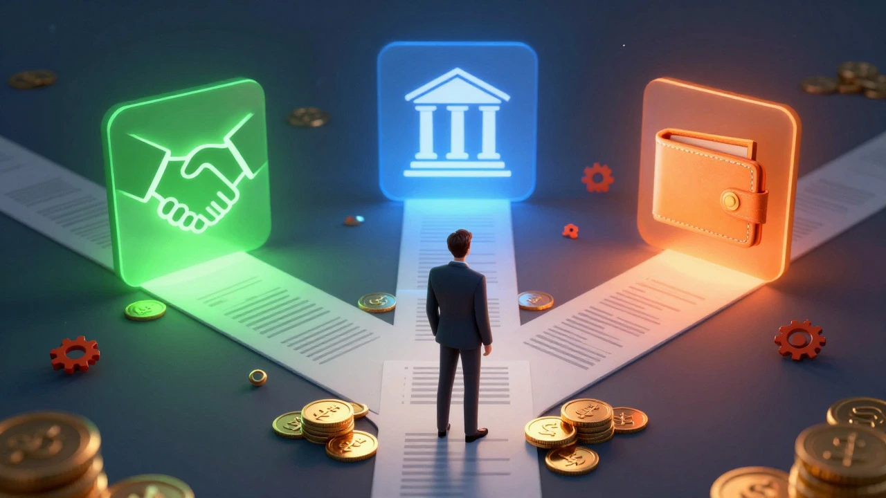 Artistic illustration of a person choosing between funding paths for vocational qualifications