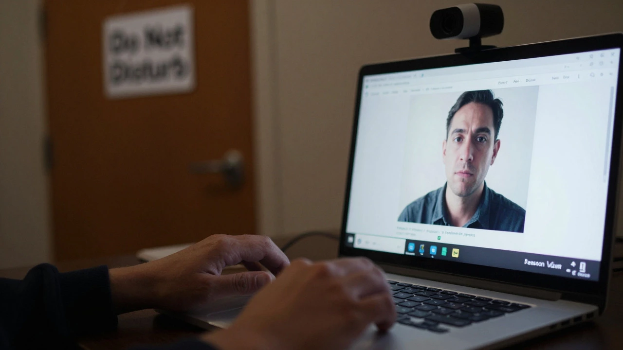 Candidate taking a remote proctored IT exam on a laptop in a quiet home environment
