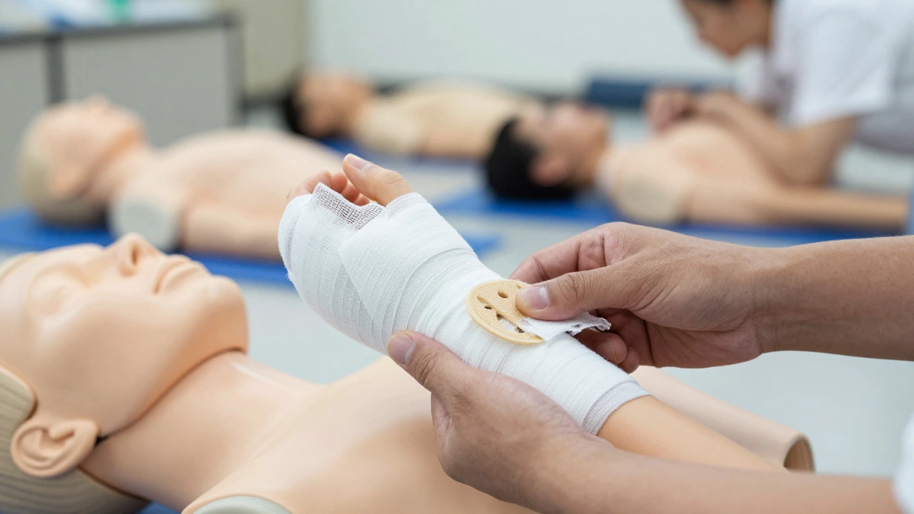 Close-up of hands applying bandages and splints to a training mannequin