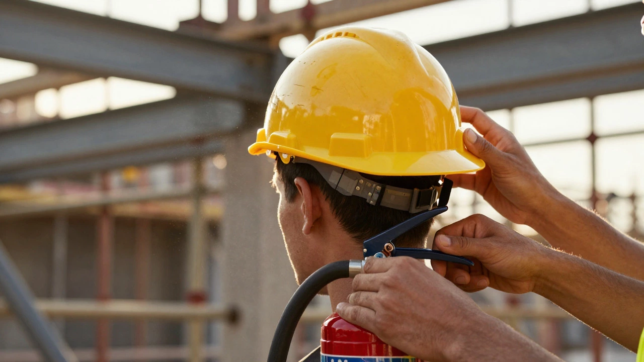 Close-up of hands demonstrating proper hard hat fitting and fire extinguisher use on a construction site