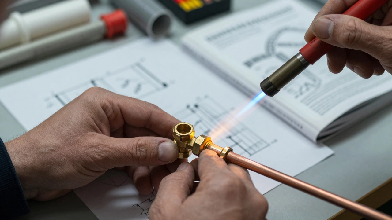 Close-up of hands precisely soldering copper pipes in a workshop