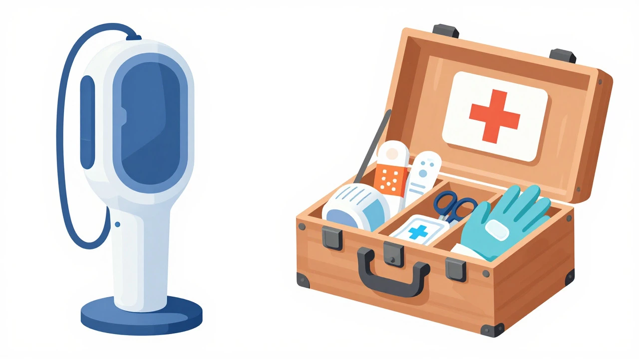 Conceptual art showing a single CPR tool next to a full first aid kit