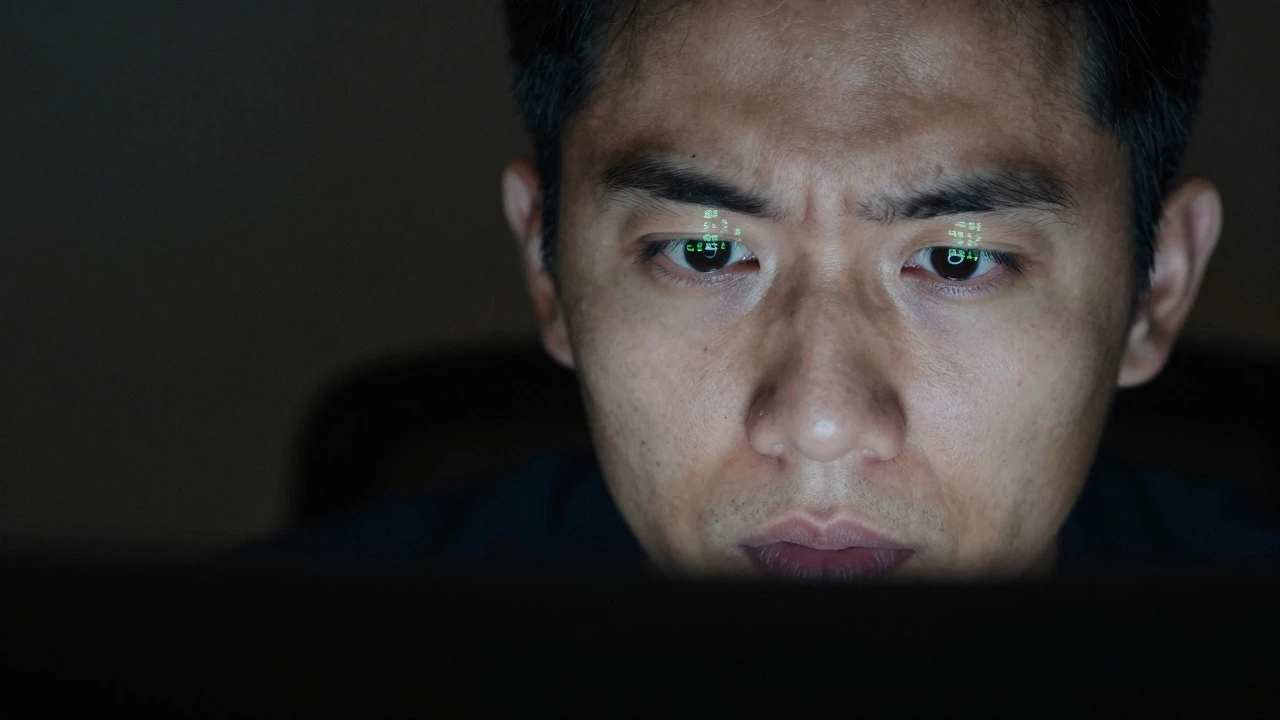 Focused individual studying IT topics under screen light