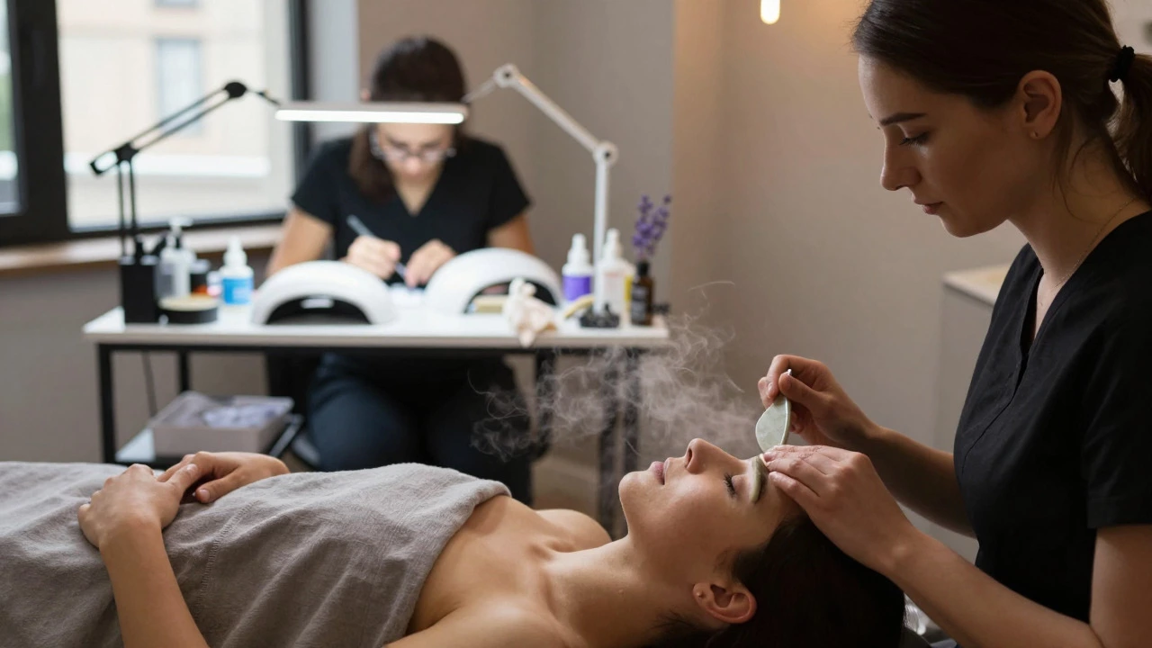 Interior view of a salon contrasting a calm facial room with a busy nail station