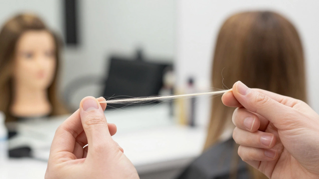 Macro shot of a single hair strand being stretched to test its elasticity