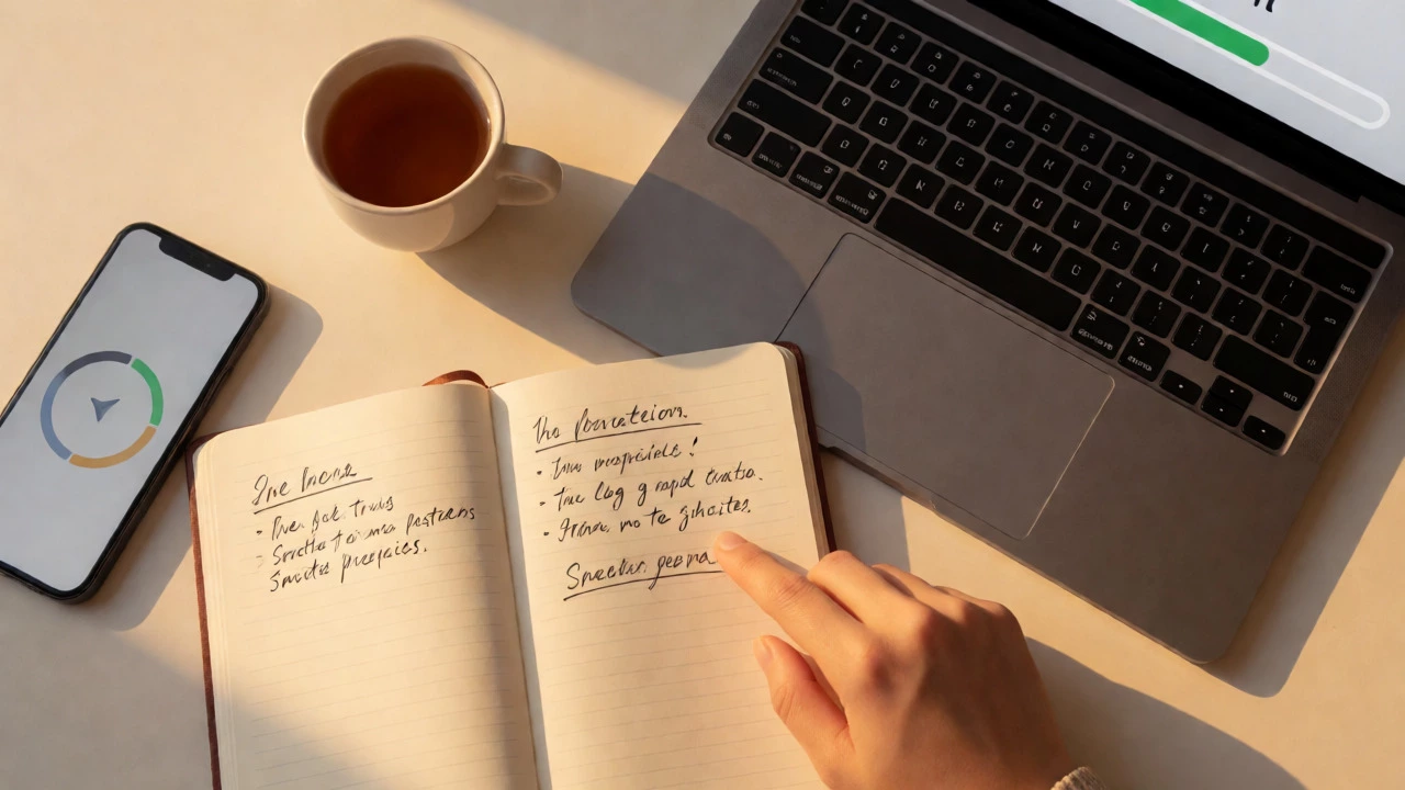 Overhead view of organized study materials and notes